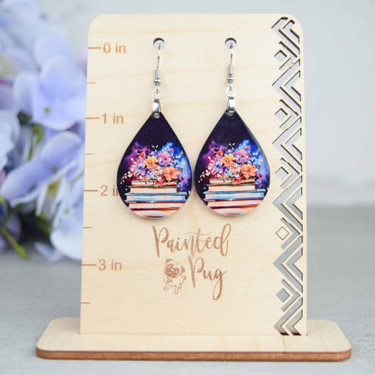 Floral Book Lover Earrings – Acrylic Teardrop Dangle for Readers and Teachers