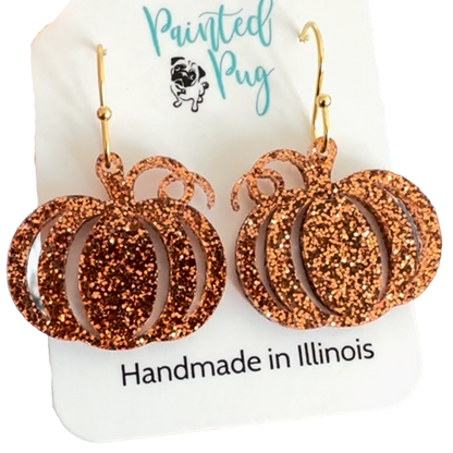 Bronze Glitter Pumpkin Earrings – Handmade Fall Dangle Earrings for Women, Hypoallergenic Jewelry for Halloween & Thanksgiving