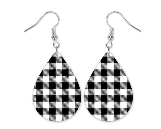 Buffalo Plaid Black & White Teardrop Earrings