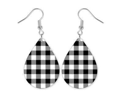 Buffalo Plaid Black & White Teardrop Earrings