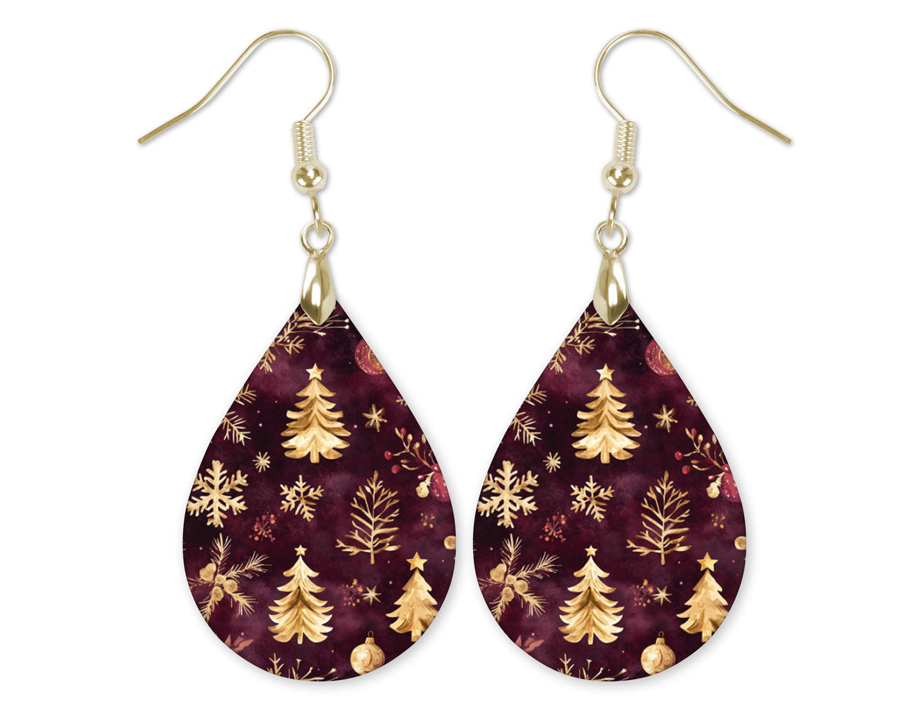 Burgundy Gold Tree Dangle Teardrop Earrings
