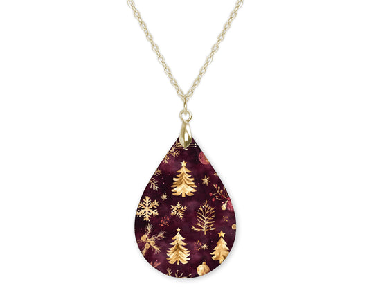 Burgundy Gold Tree  Teardrop Shape Necklace