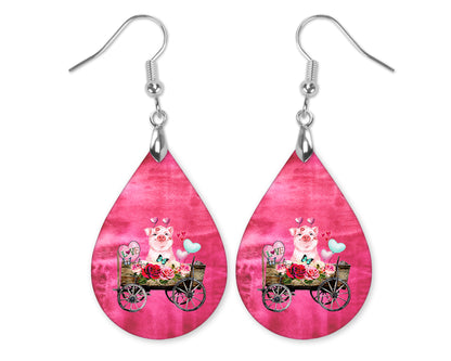 Valentine’s Day Pig Earrings – Pink Wagon Teardrops with Hearts and Flowers