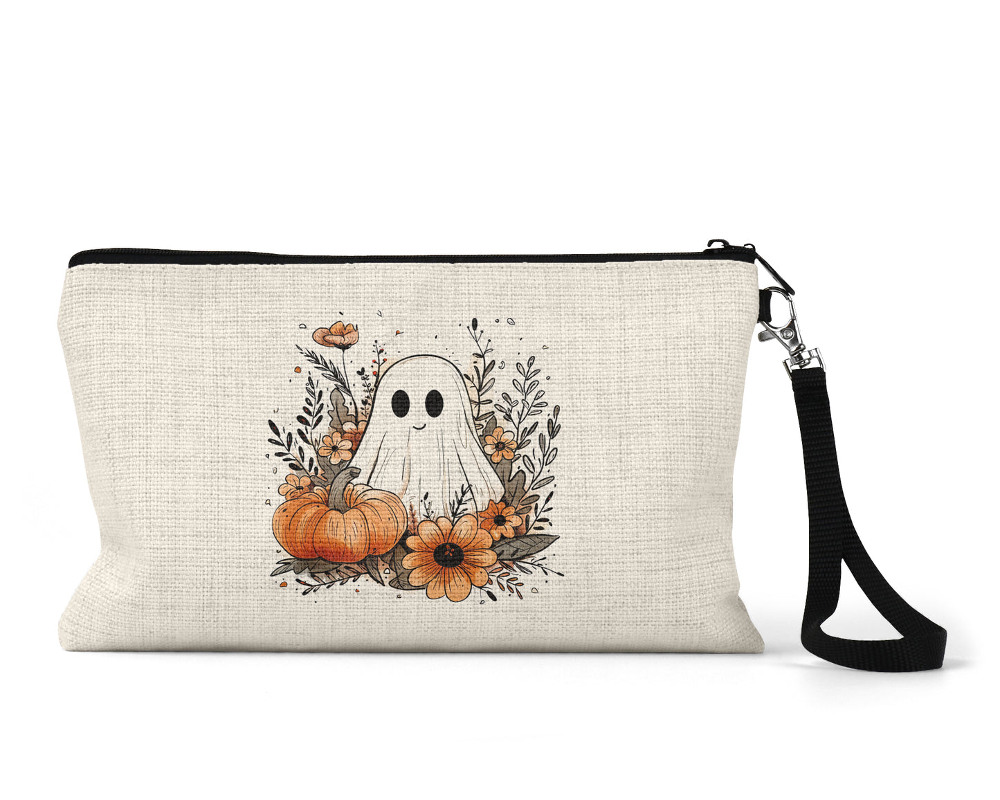 Cute Ghost and Pumpkins Makeup Bag front view on a white background