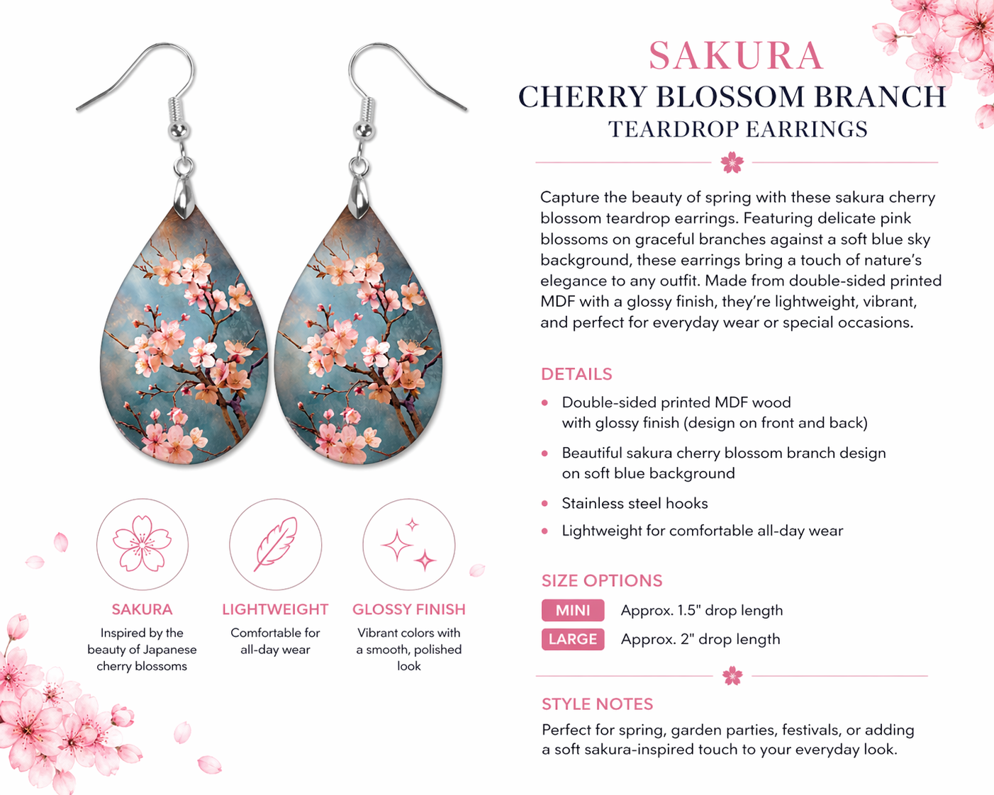 Cherry Blossom Branch Teardrop Earrings – Floral Dangle Earrings