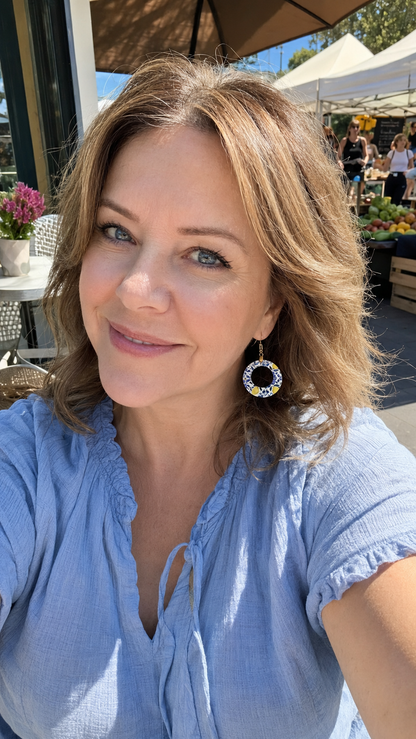 Blue and Yellow Lemon Flower Dangle Hoop Earrings