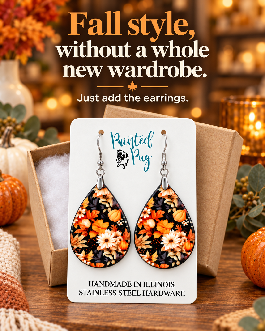 Fall Floral Teardrop Earrings – Daisies and Leaves