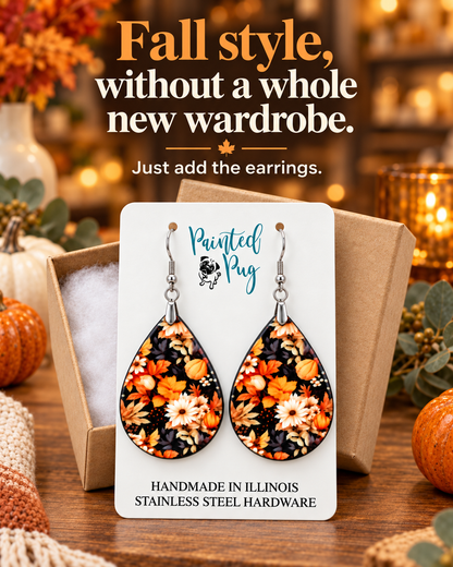 Fall Floral Teardrop Earrings – Daisies and Leaves