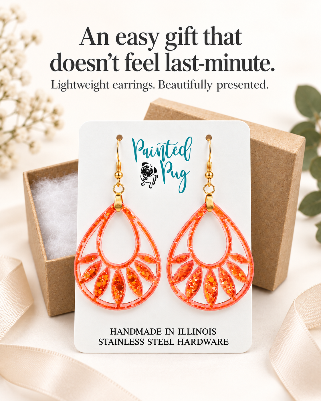 Orange Glitter Teardrop Acrylic Earrings