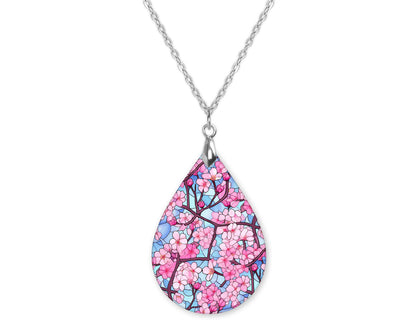 Cherry Blossom 2 Flower Teardrop Shape Necklace