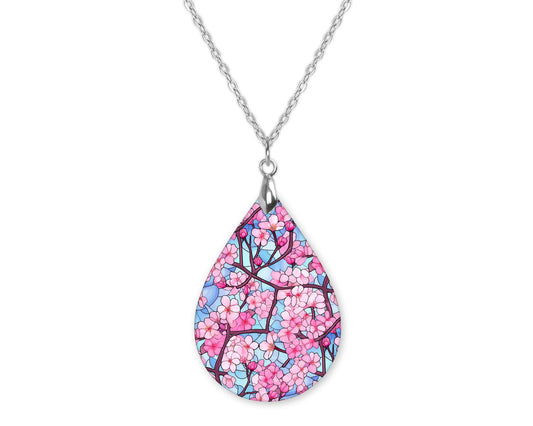 Cherry Blossom 2 Flower Teardrop Shape Necklace