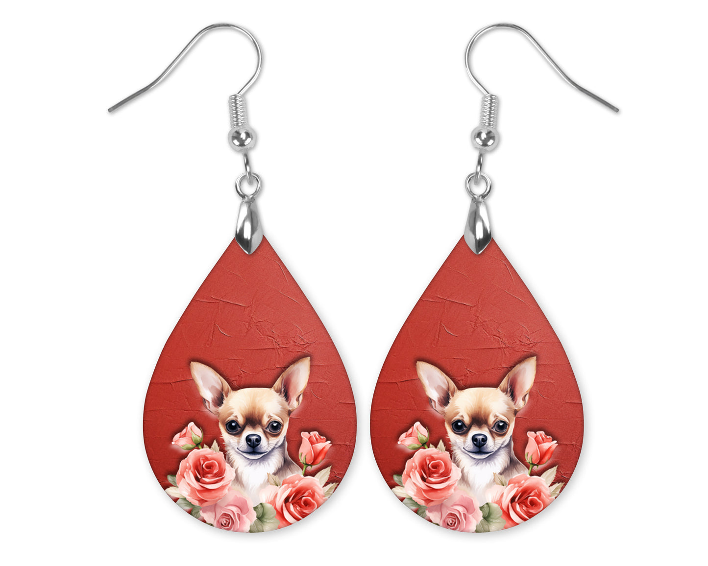Chihuahua Floral Red Dog Lover Teardrop Earrings