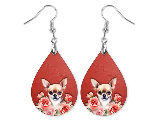 Chihuahua Floral Red Dog Lover Teardrop Earrings