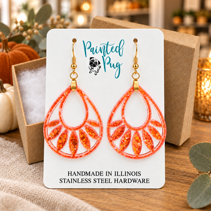 Orange Glitter Teardrop Acrylic Earrings