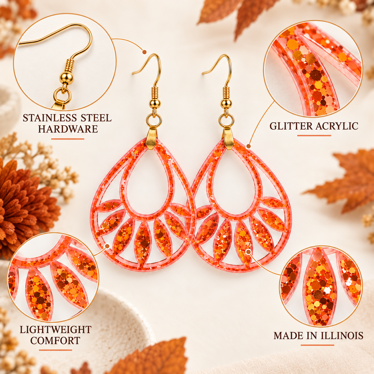 Orange Glitter Teardrop Acrylic Earrings