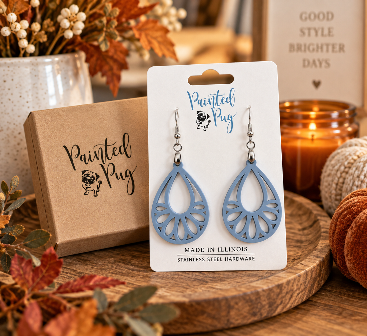 Dusty Blue Filigree Teardrop Dangle Earrings – Acrylic