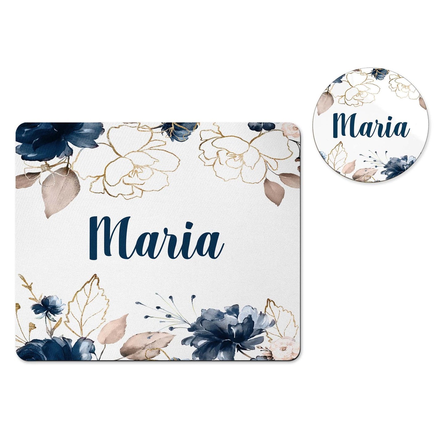 Personalized navy floral mousepad and coaster set