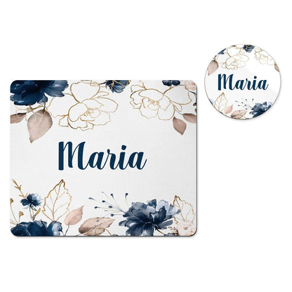 Personalized navy floral mousepad and coaster set
