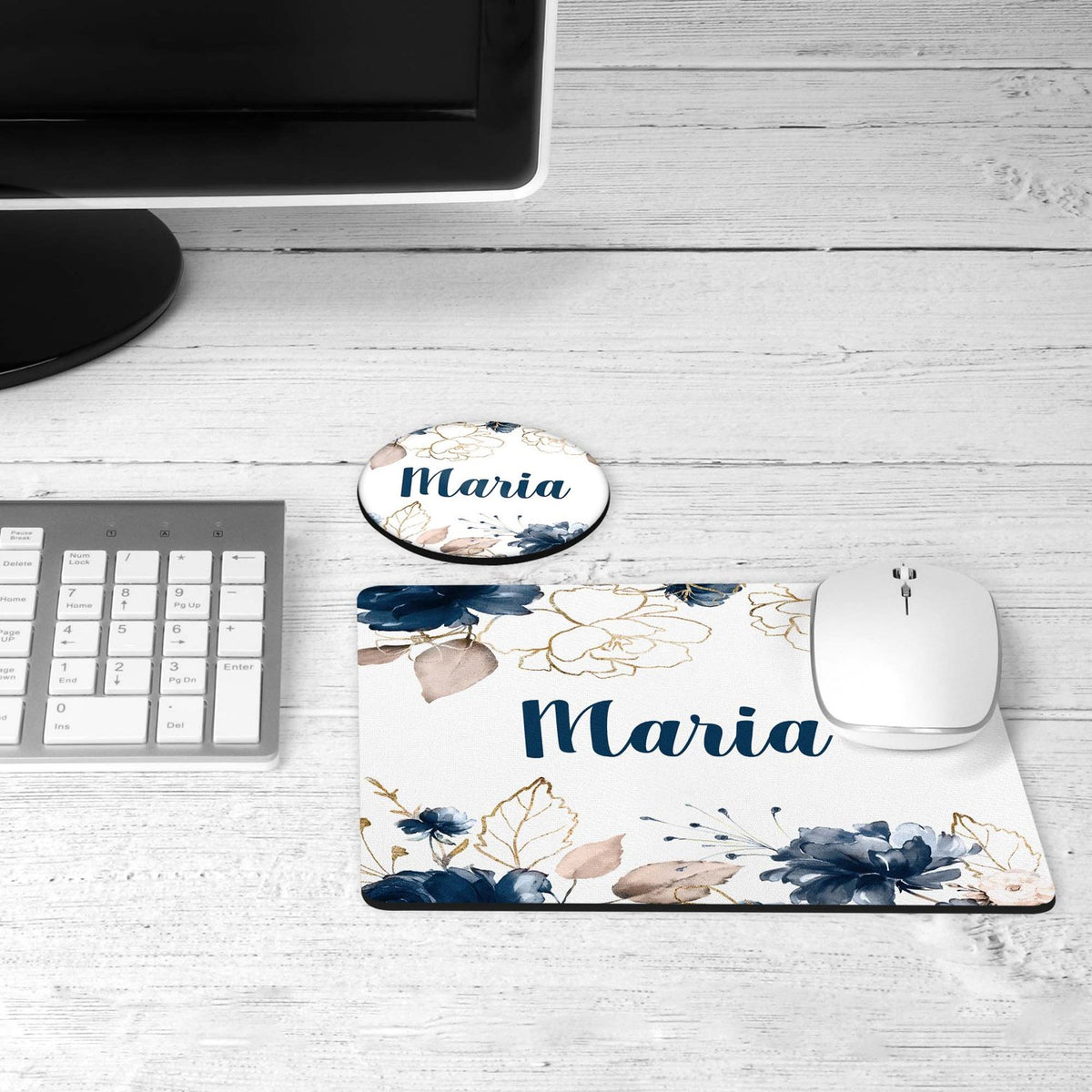 Navy floral desk set on a desk