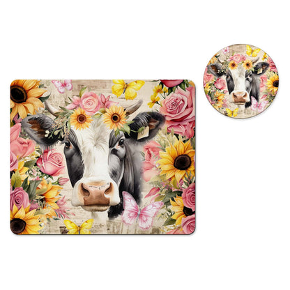 Floral cow mousepad and coaster set
