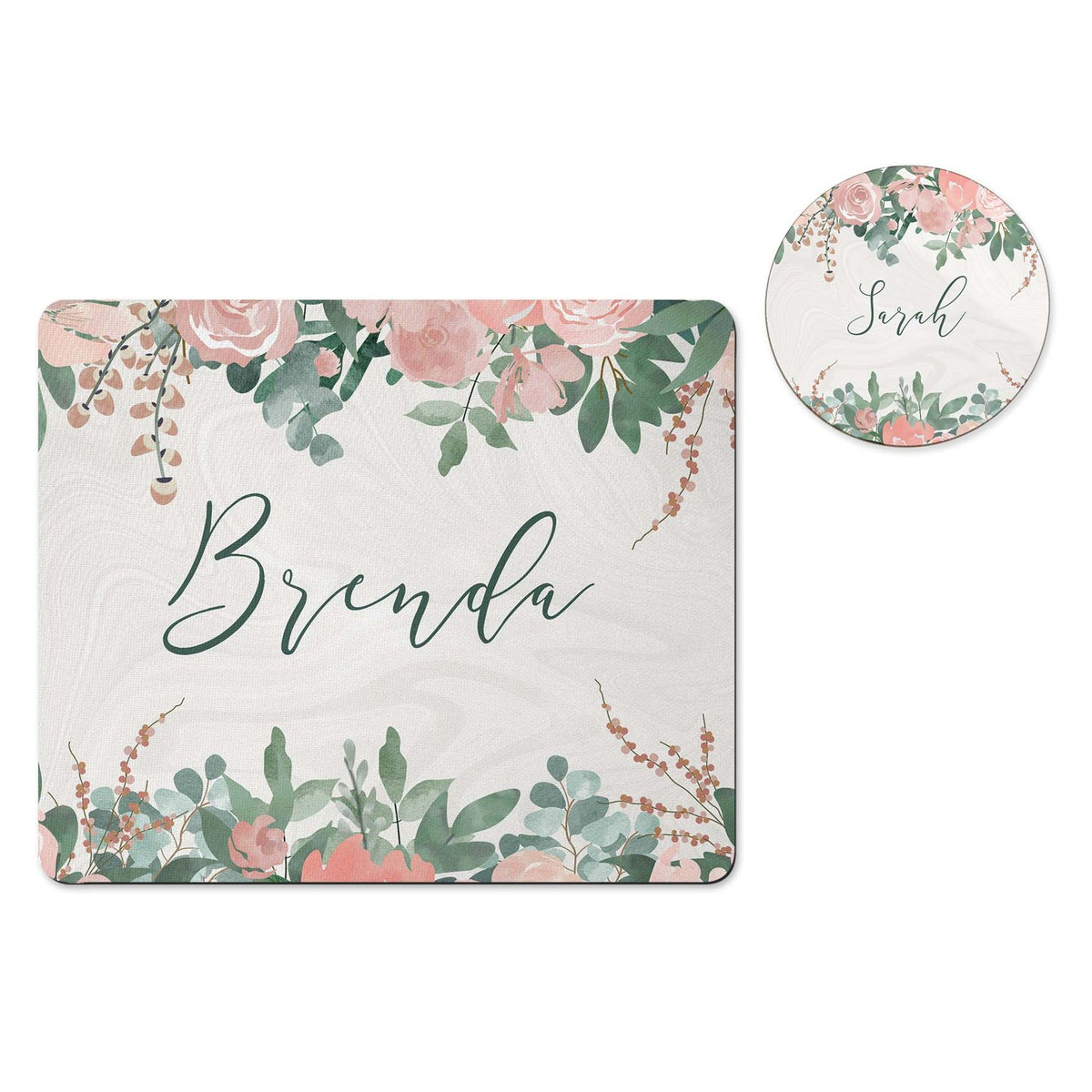 Personalized peach floral mousepad and coaster set