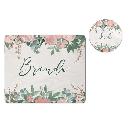 Personalized peach floral mousepad and coaster set