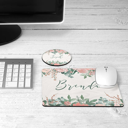 Peach floral desk set on a desk