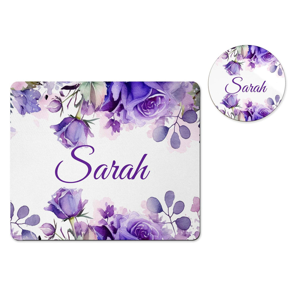 Personalized purple floral mousepad and coaster set