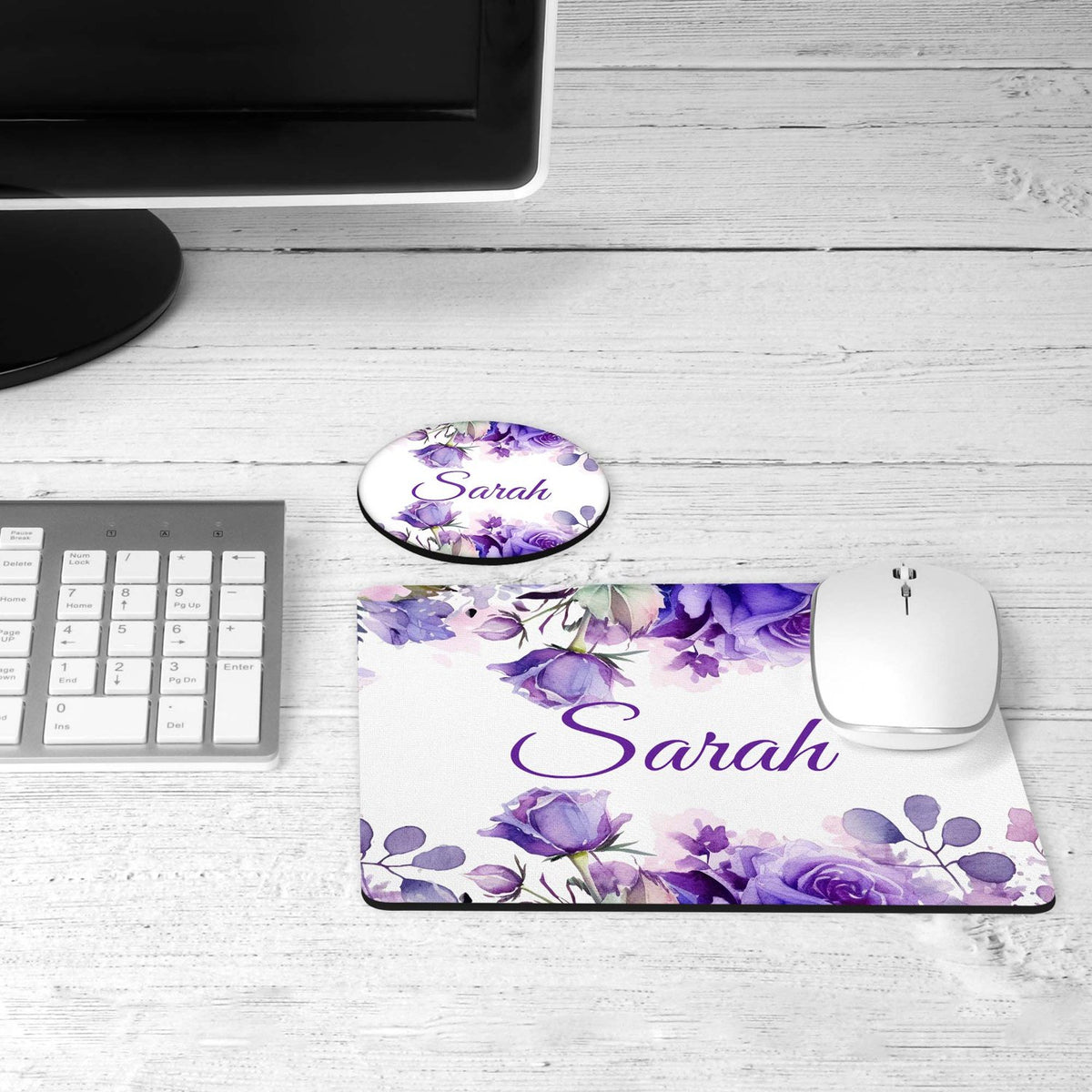 Purple floral desk set on a desk
