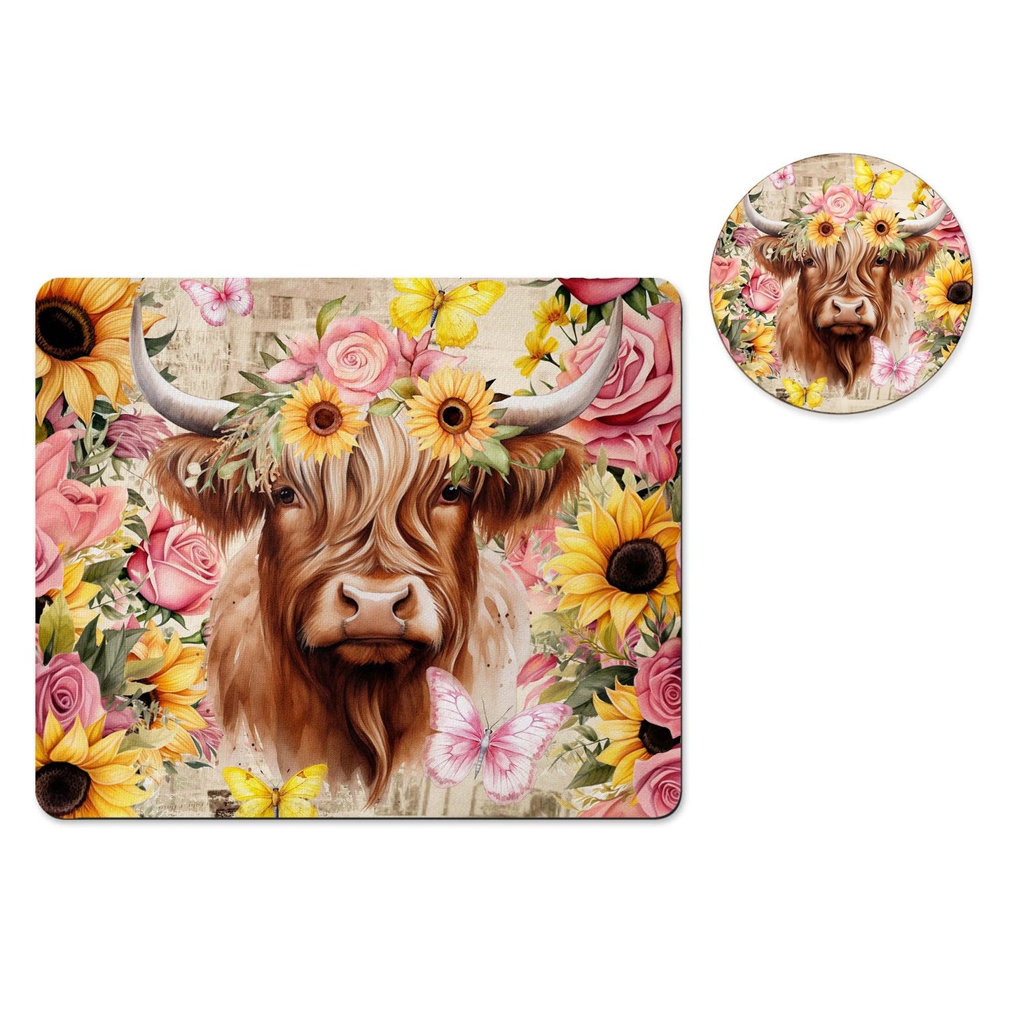 Highland cow floral mousepad and coaster set