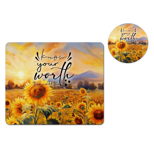 Know Your Worth sunflower mousepad and coaster set