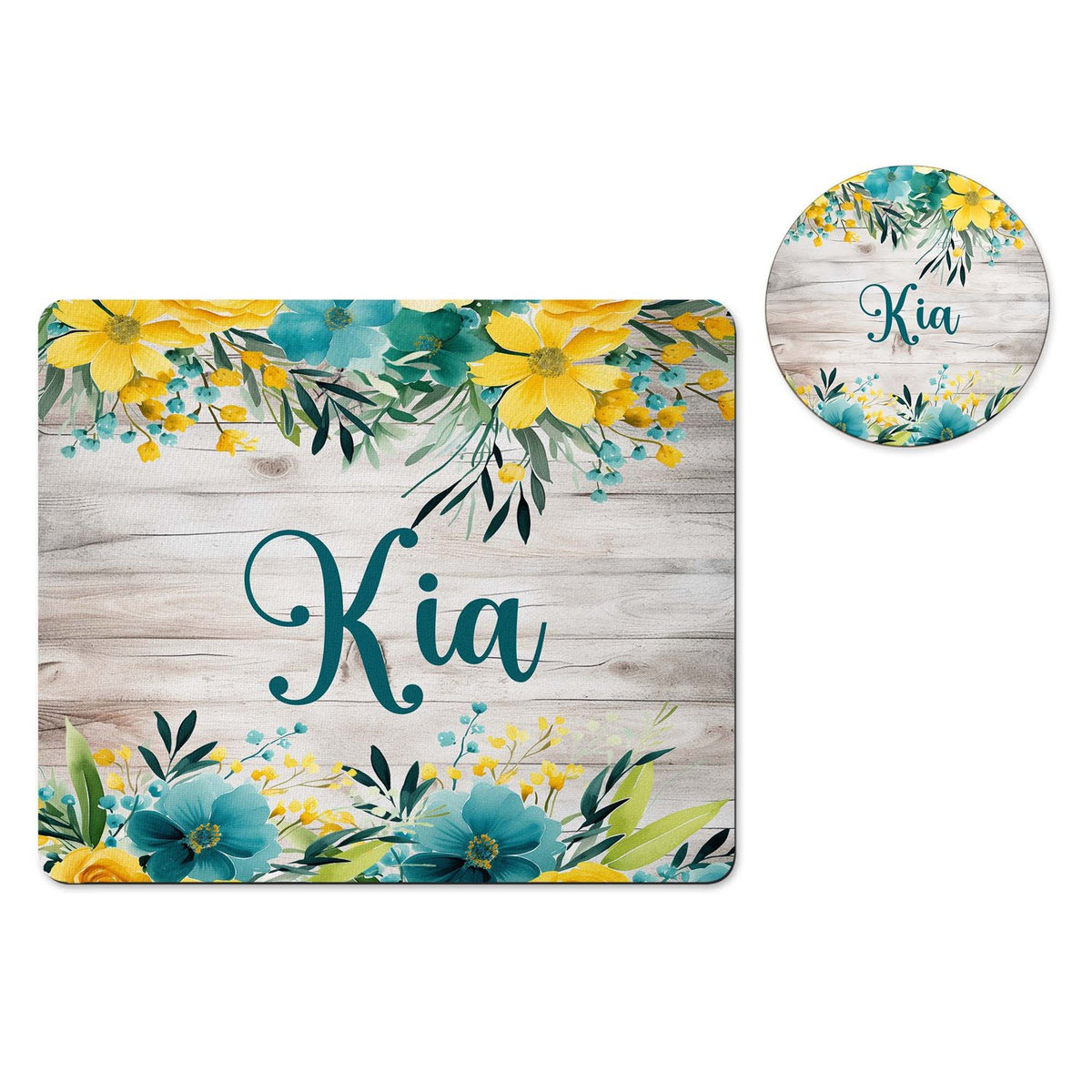 Personalized teal and yellow barnwood mousepad and coaster set