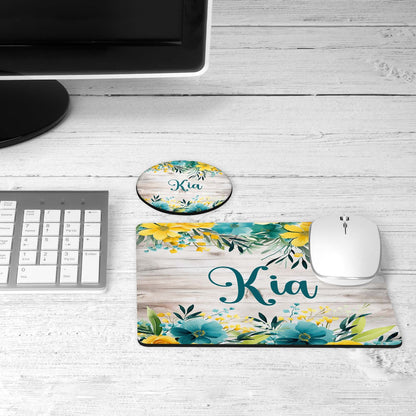 Teal yellow barnwood desk set on a desk