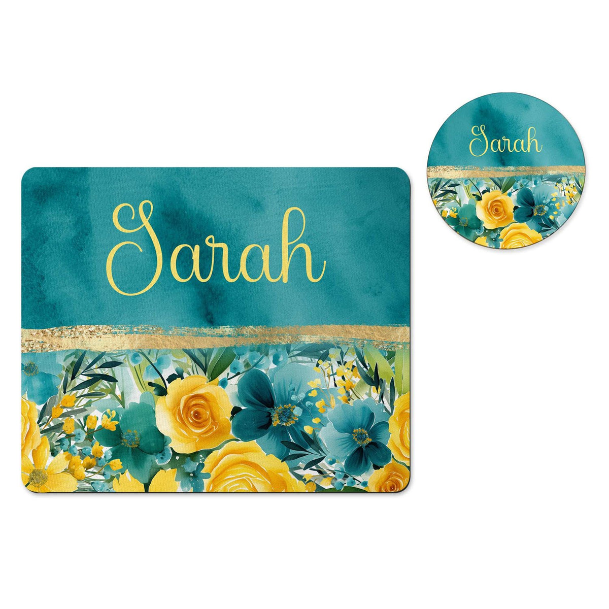 Personalized teal and yellow floral mousepad and coaster set