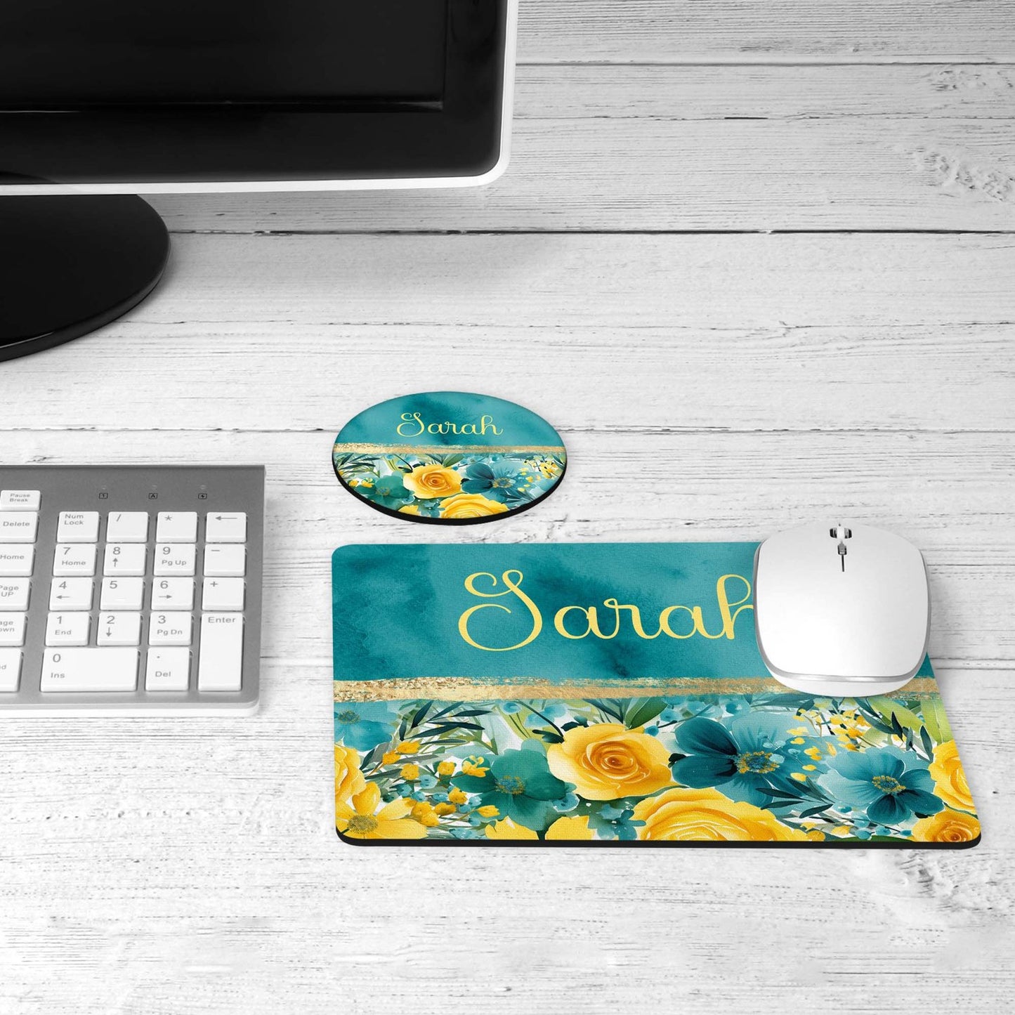 Teal yellow floral desk set on a desk