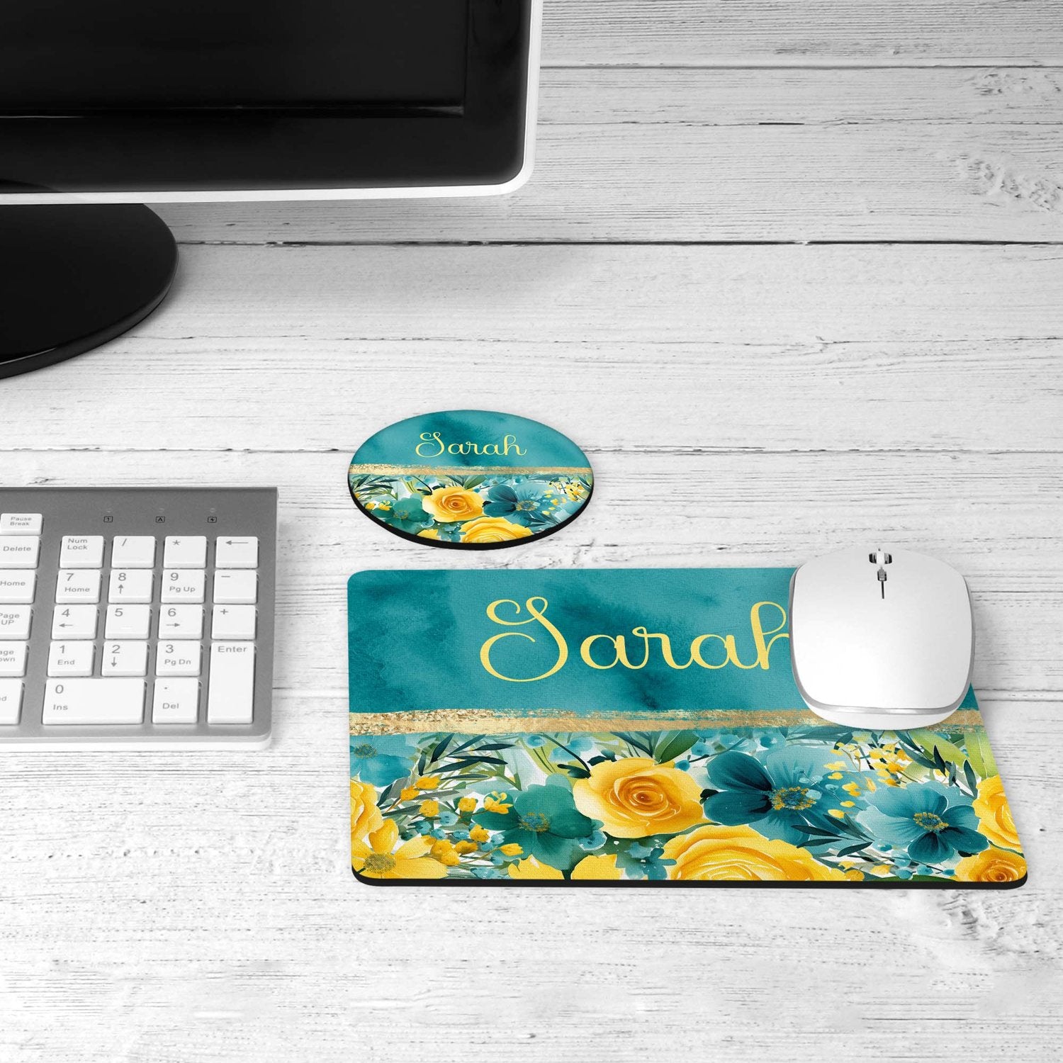 Teal yellow floral desk set on a desk