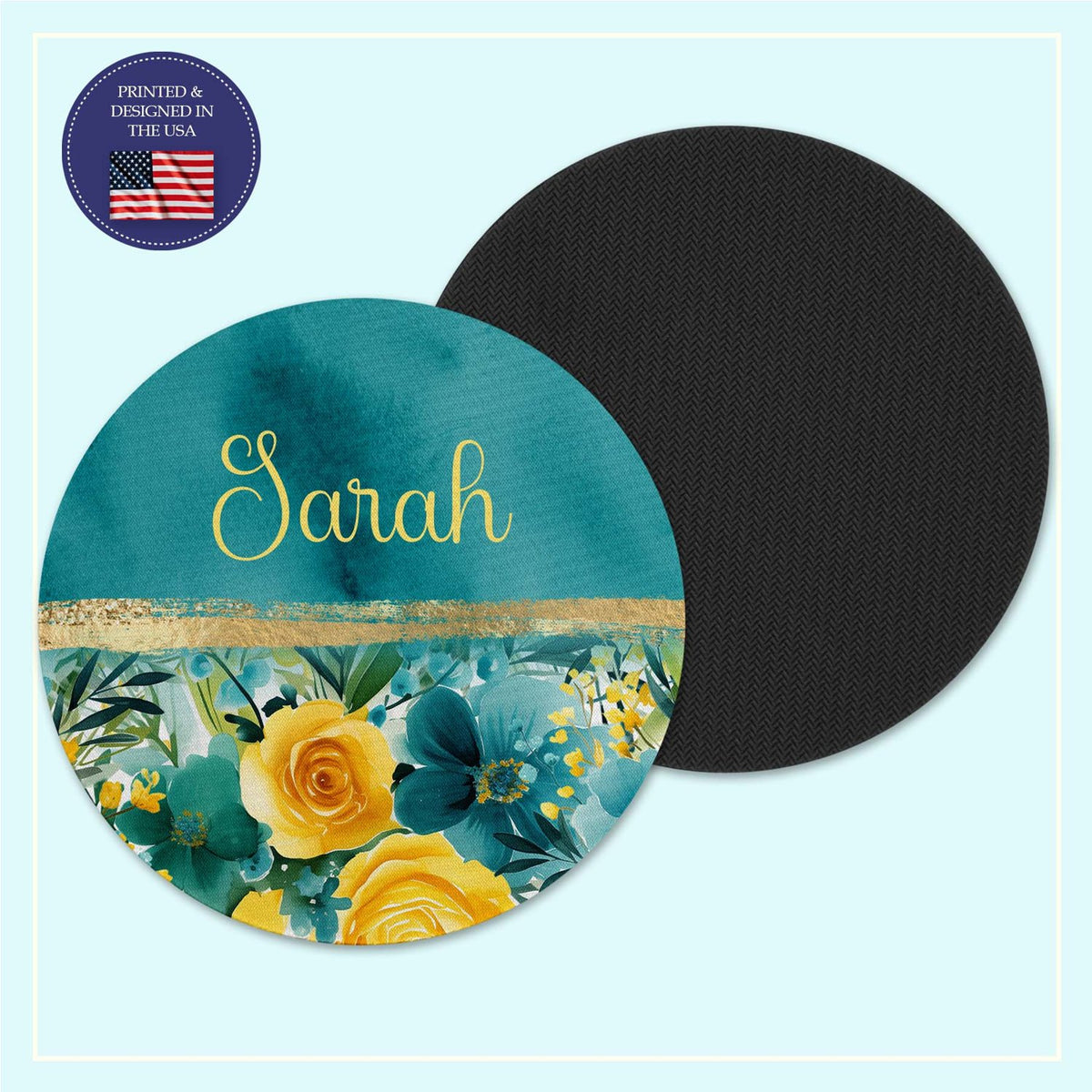 Teal yellow floral neoprene coaster