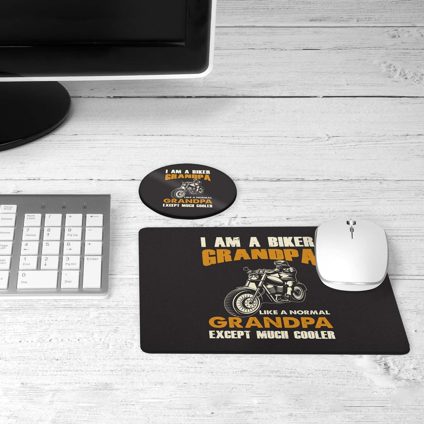 Biker grandpa desk set on a desk