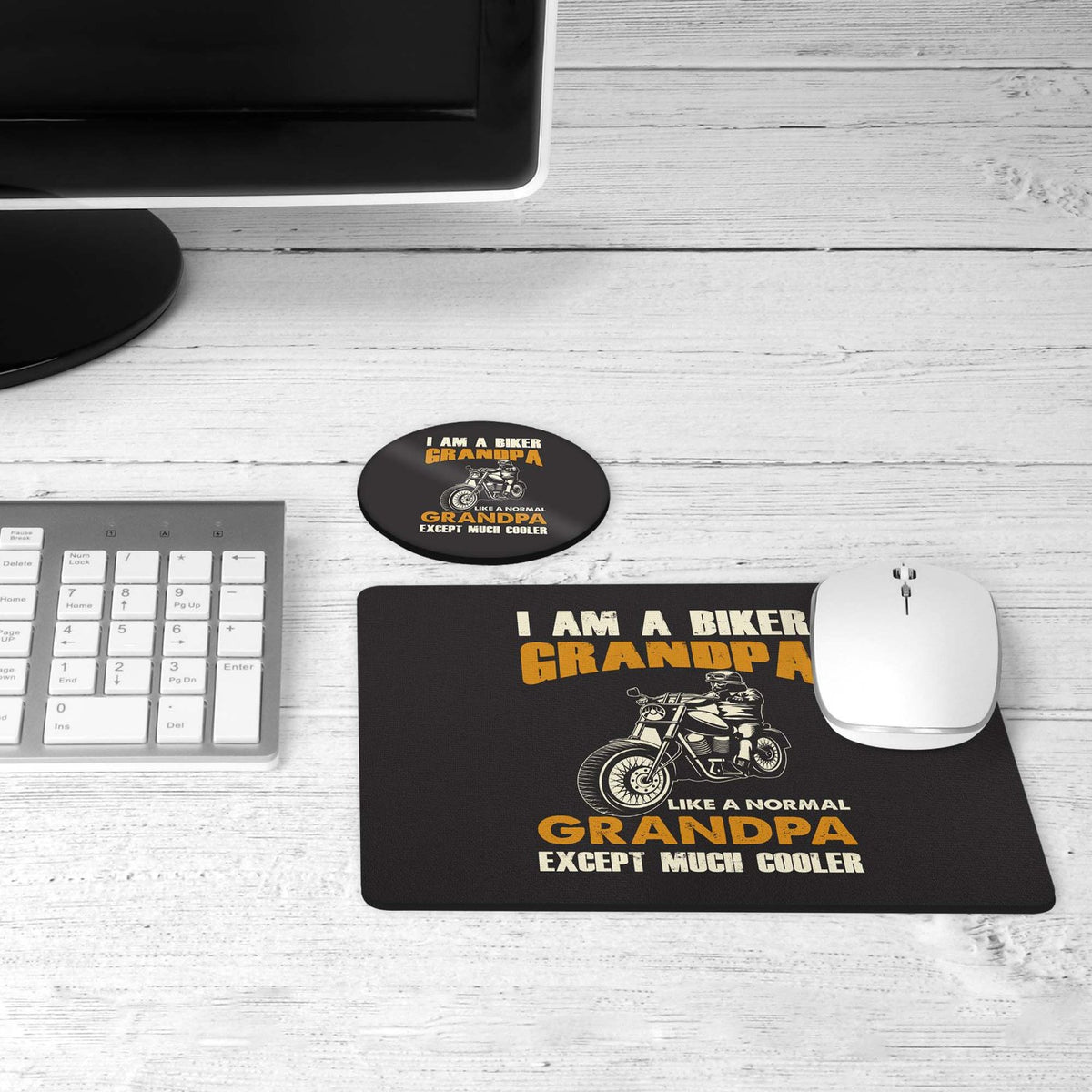 Biker grandpa desk set on a desk