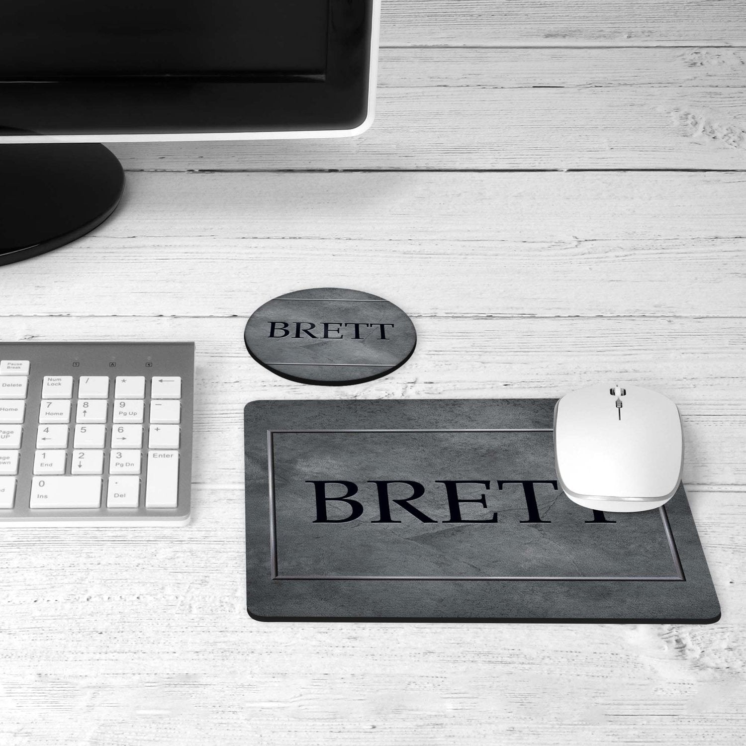 Grey personalized desk set on a desk