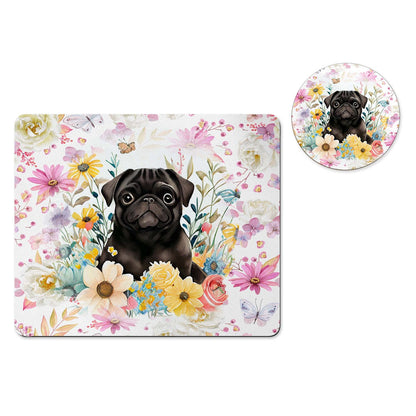 Black pug floral mousepad and coaster set