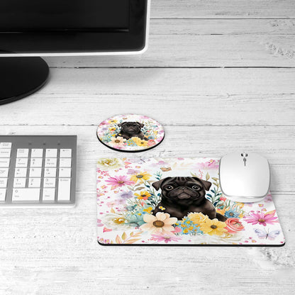 Black pug floral desk set on a desk
