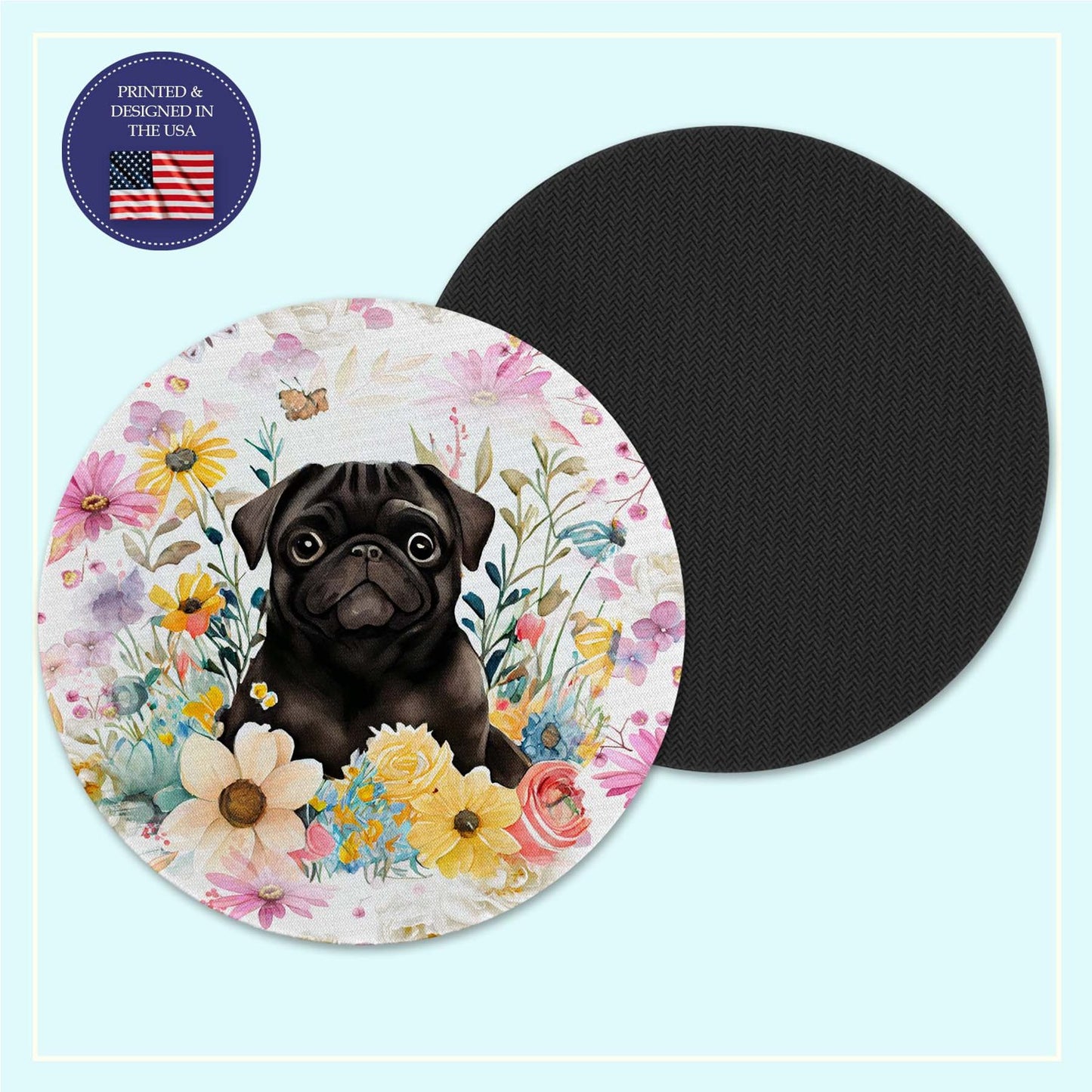 Black pug floral neoprene coaster