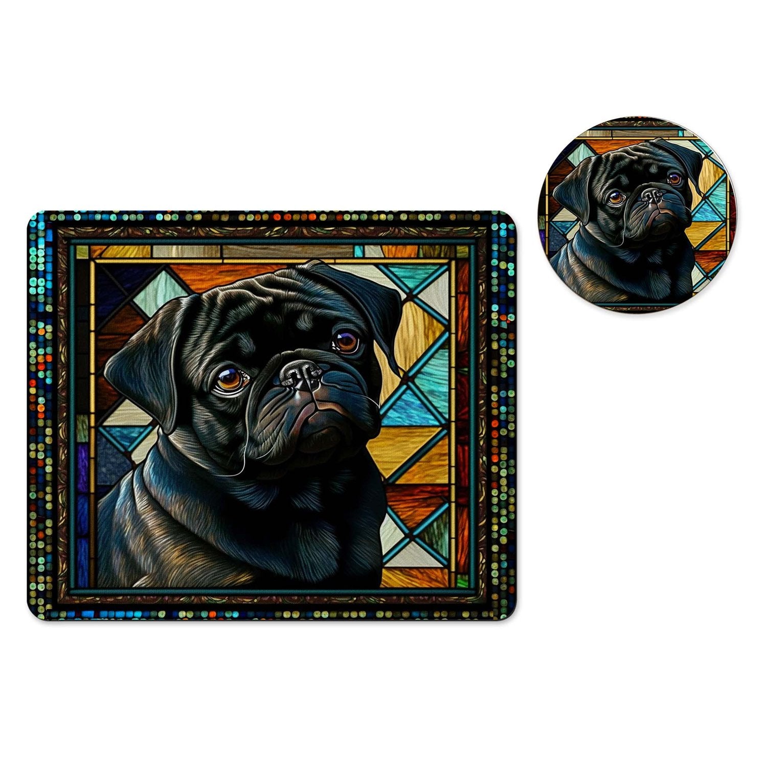 Black pug stained glass mousepad and coaster set