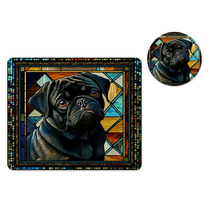 Black pug stained glass mousepad and coaster set