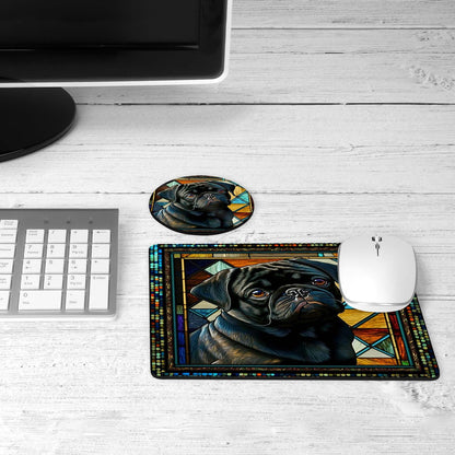 Black pug stained glass desk set on a desk