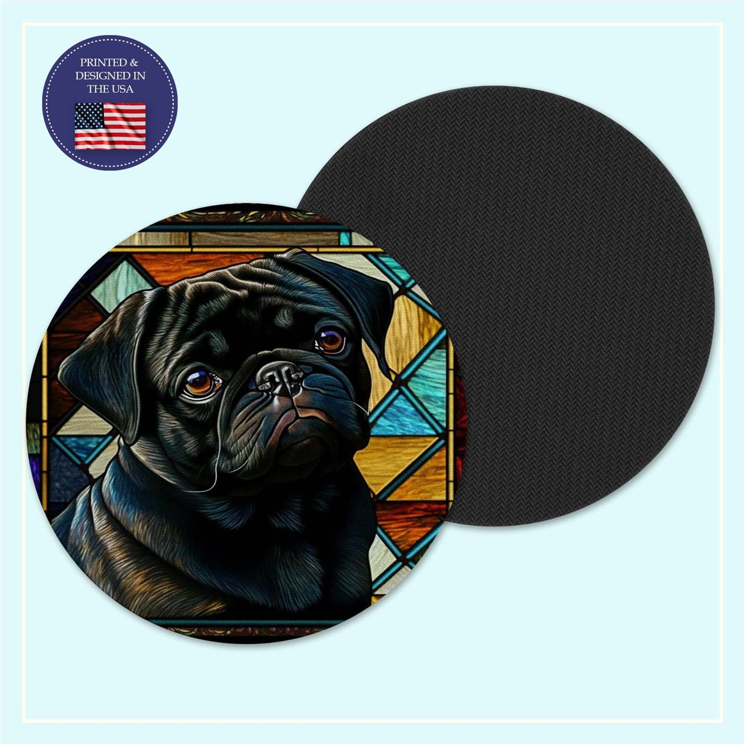 Black pug stained glass neoprene coaster
