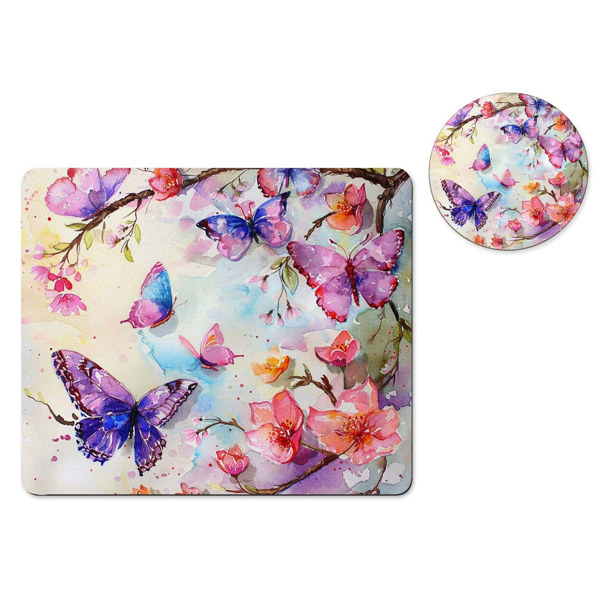 Purple butterfly mousepad and coaster set