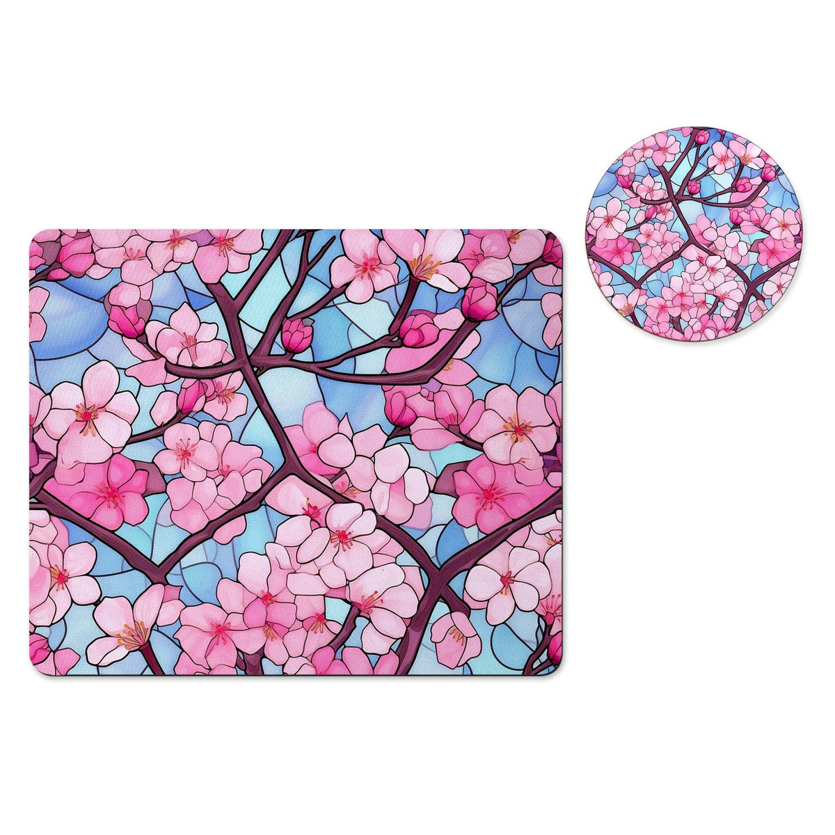 Cherry blossom stained glass mousepad and coaster set