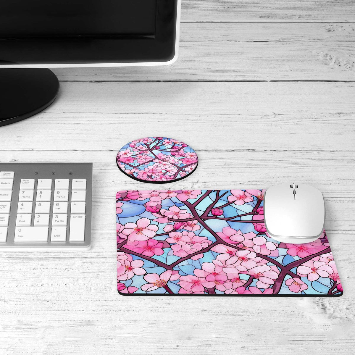 Cherry blossom stained glass desk set on a desk